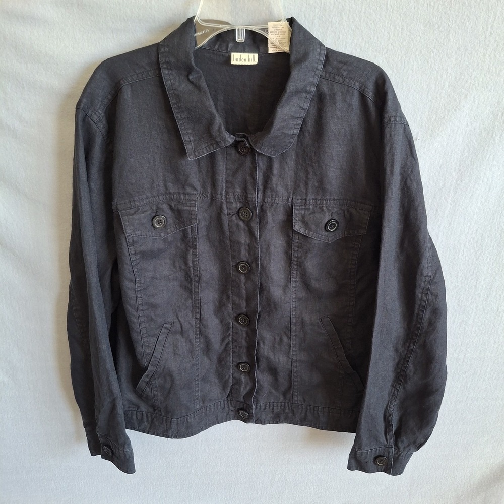 Linden Hill Womens XL 100% Linen Black Button Front Trucker Jacket Lightweight